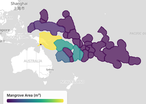 Pacific region mangrove extent map showing spatial layer integration across multiple island nations